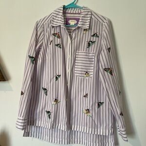 Anthropologie Purple Striped Button Down Shirt butterfly embroidered